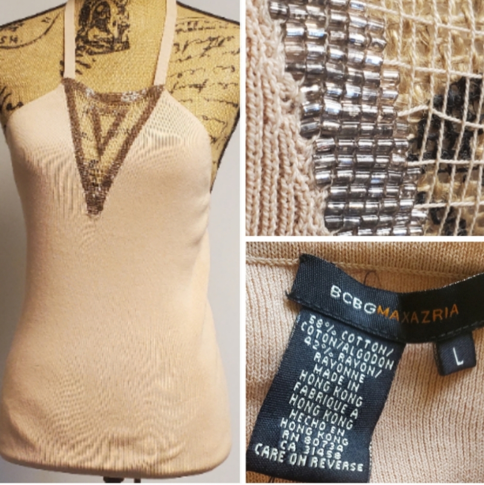 NWT Vintage 90's BCBG MAXAZRI Tan Beaded Knit Halter Top Large